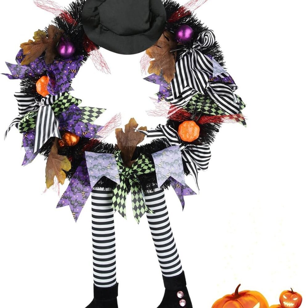 Halloween Wreaths for Front Door, Halloween Witch Wreath Black Wreath with Hat W